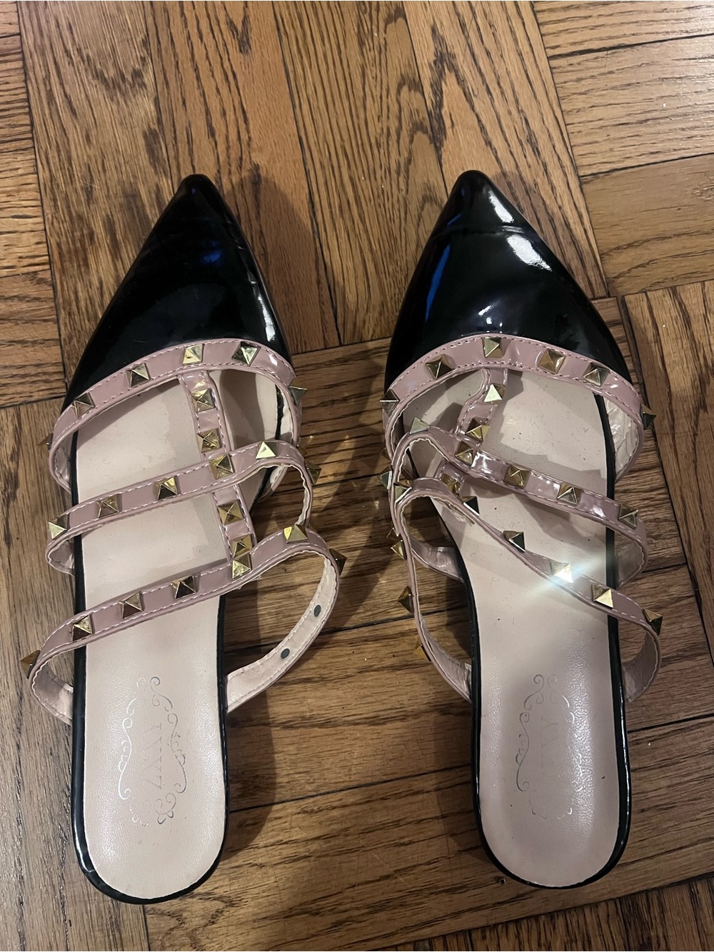Studded Pointed Toe Flat Sandals in Black and Blush